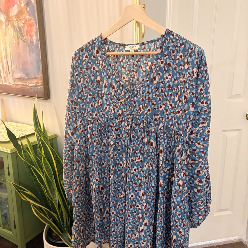Boho Mini Peasant Baby Doll Dress Tunic Blue Mixed Print Size Small - Picture 5 of 8